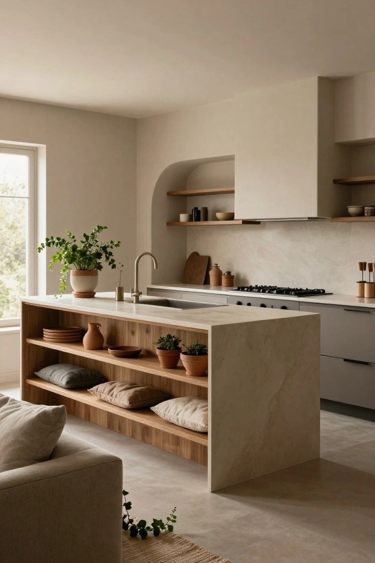 Modern neutral kitchen with a large island featuring a white marble top on a wooden base with open lower shelving displaying beige cushions, terracotta pottery, and small plants, alongside sleek gray cabinets, a gas cooktop, and an arched niche with floating wooden shelves.