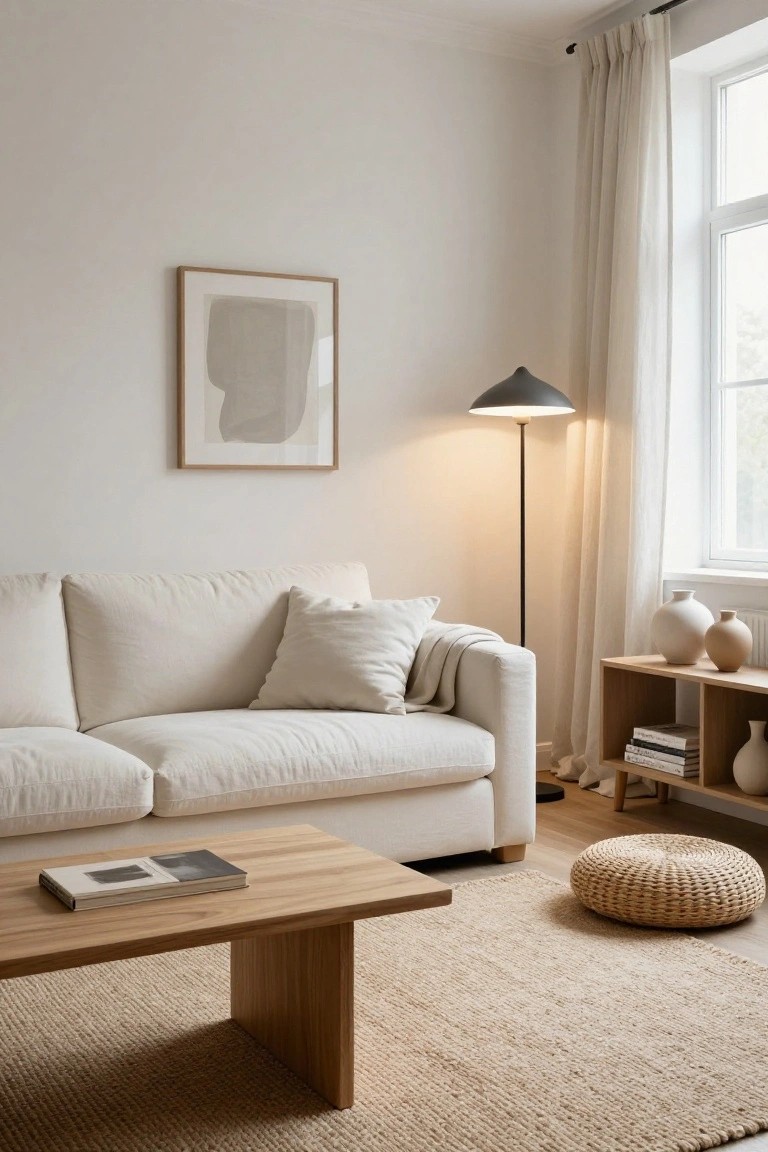 A minimalist living room with a cream linen sofa, light oak coffee table, floor lamp, wooden shelves holding vases and books, seagrass rug, and sheer curtains at a large window.