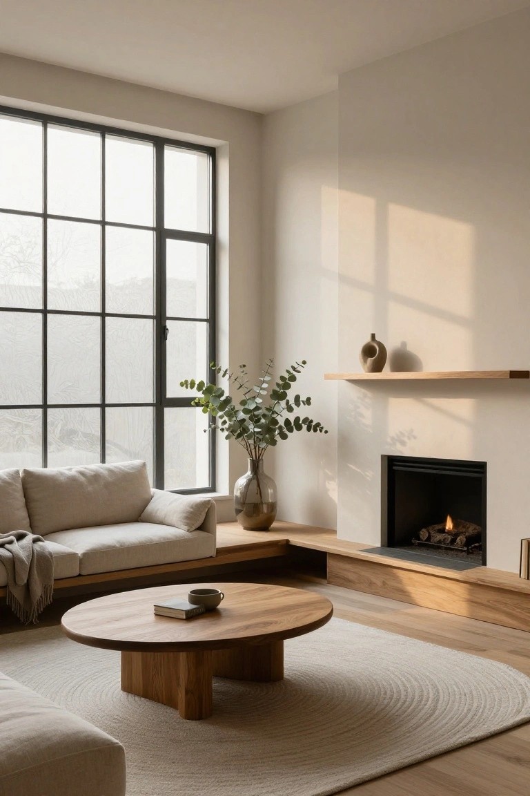 Minimalist living room with low-profile beige sofa, round wooden coffee table holding a book and cup, eucalyptus in glass vase, built-in gas fireplace, oak shelving, large black steel windows, and light oak flooring.