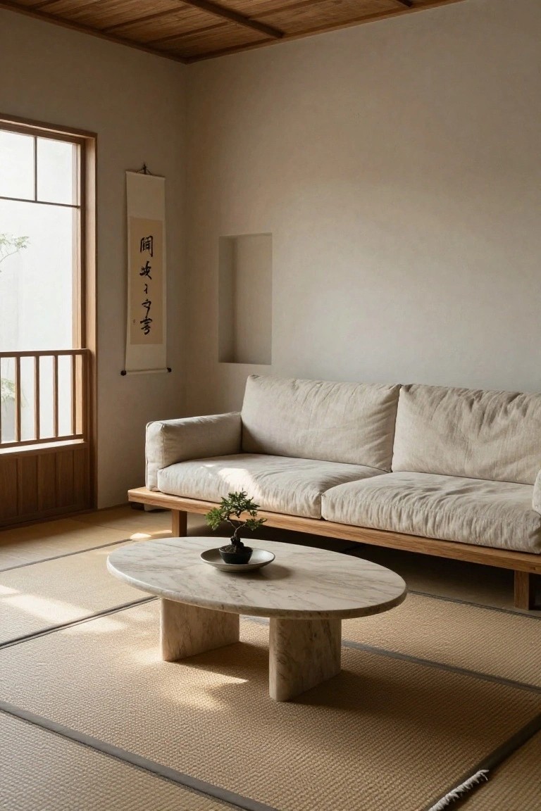 Minimalist living room interior with low beige linen sofa on wooden frame, oval white marble coffee table holding a bonsai plant, tatami mat flooring, wooden ceiling beams, window with hanging scroll, and neutral walls.