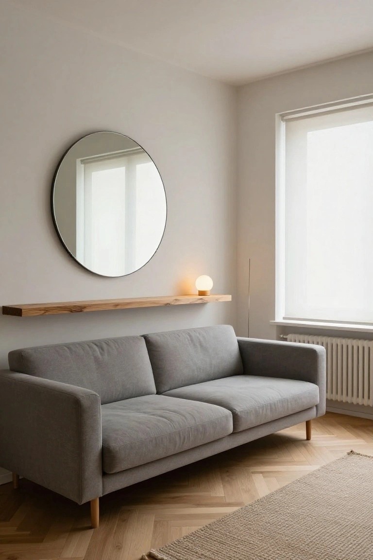 Minimalistic living room corner with light gray walls, large round black-framed mirror, wooden floating shelf holding a white orb lamp, gray fabric sofa on oak herringbone flooring, window with white roller blind, white radiator, and beige rug.