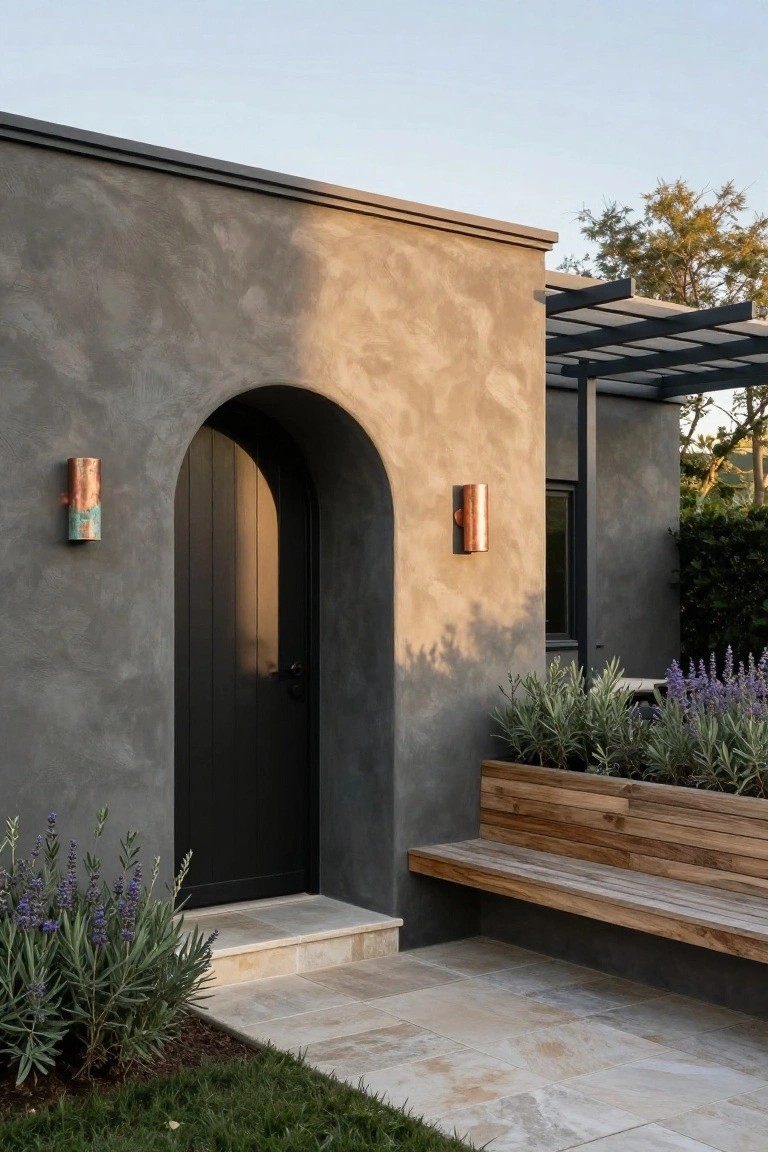 Gray stucco house exterior featuring a black arched wooden door with copper cylinder wall lights, flanked by lavender plants in raised beds, a wooden bench, and travertine steps leading to grass.