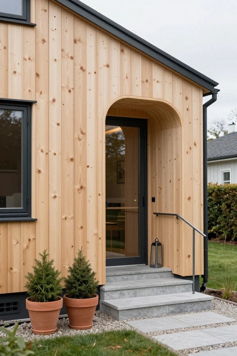 Side view of a modern house with vertical light wood cladding, curved wooden arch over a black-framed glass entry door, gray concrete steps with metal handrail, two potted small evergreen trees at the base, gravel path, and adjacent grass and shrubs.