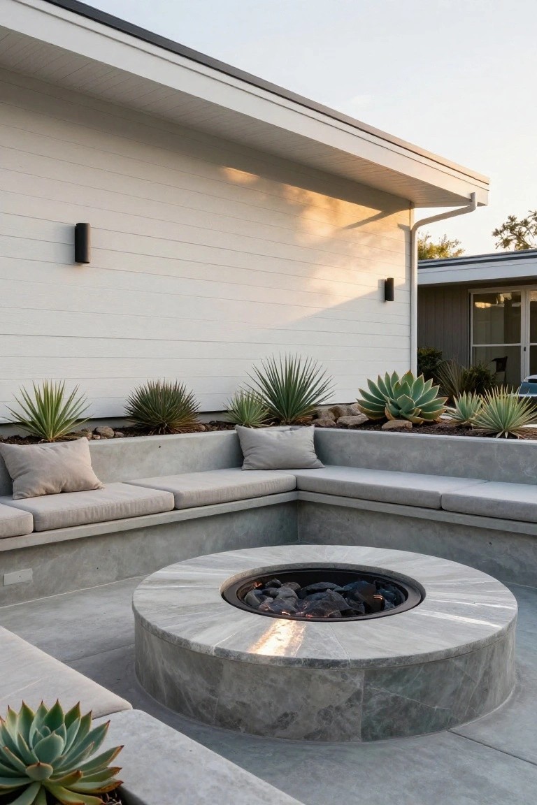 L-shaped concrete benches with beige cushions surround a lit circular marble fire pit on a gray patio, with succulents in planters against a white house wall.