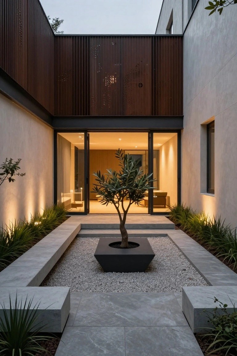 Modern courtyard patio with central olive tree in black square container on gravel ground, concrete benches on sides, low plants and uplights, glass doors to interior space, light wood screen and stucco walls.