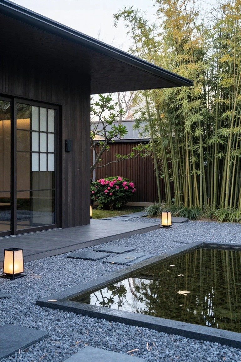 Corner view of a modern house featuring dark vertical wood cladding, large sliding glass doors with white shoji-style panels, an overhanging dark roof, a stone deck extending to a gravel garden with stepping stones, a rectangular reflecting pond, two stone lanterns, pink camellia bushes, and tall bamboo in the background.