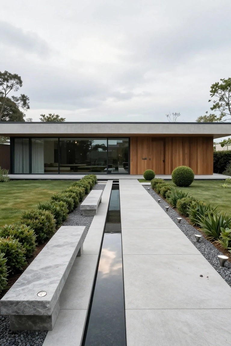 Modern minimalist house with concrete facade, large glass windows, and vertical wood-clad entry door, approached by concrete pathway with central linear black water channel flanked by boxwood hedges, marble benches, and gravel edges on green lawn.