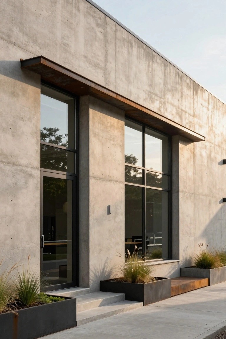 Modern house exterior with unfinished concrete walls, large black metal-framed windows and entry door, corten steel awning and bench, and black metal planters filled with ornamental grasses on a concrete path.