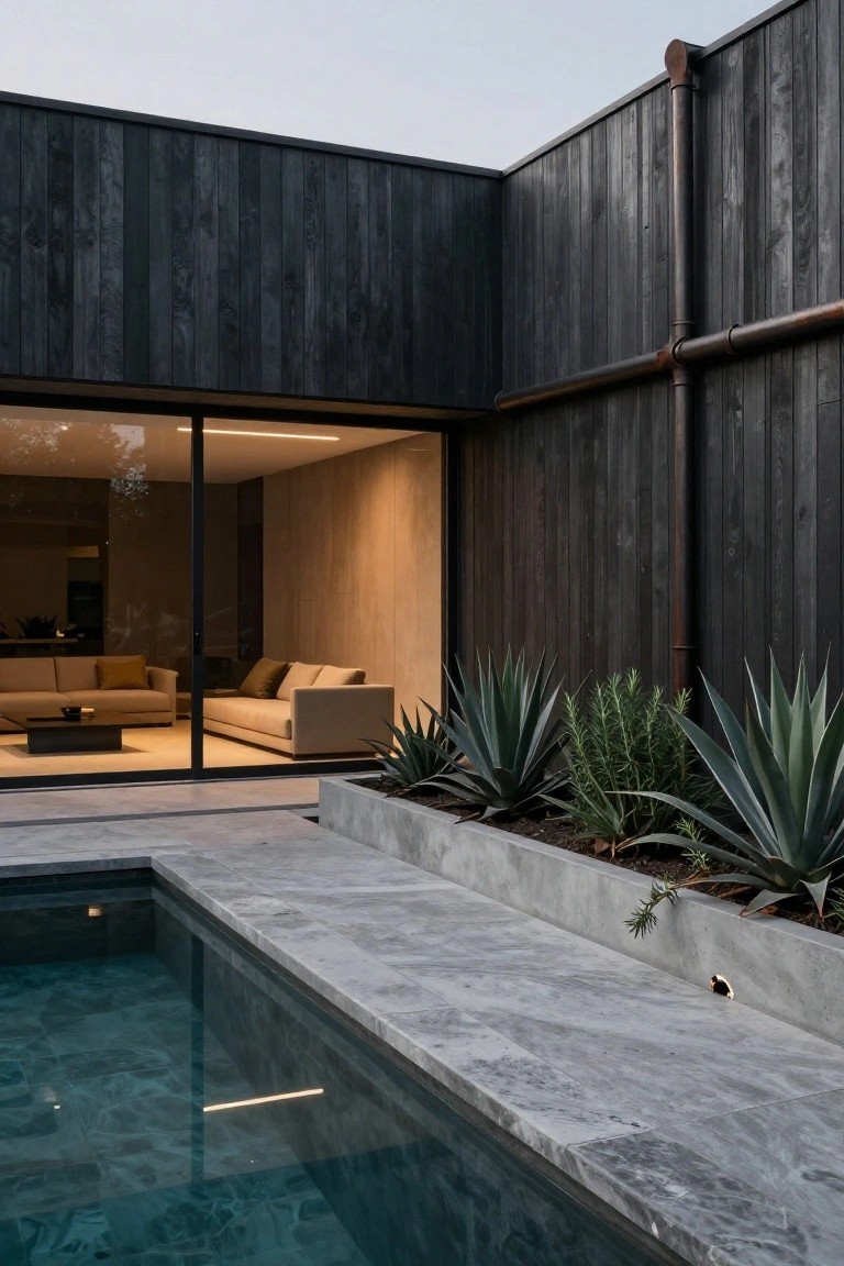 Corner of a modern house with black vertical timber cladding and floor-to-ceiling glass doors showing a living room sofa inside, next to a rectangular pool with grey stone paving surround and raised concrete planter containing agave plants and rosemary.