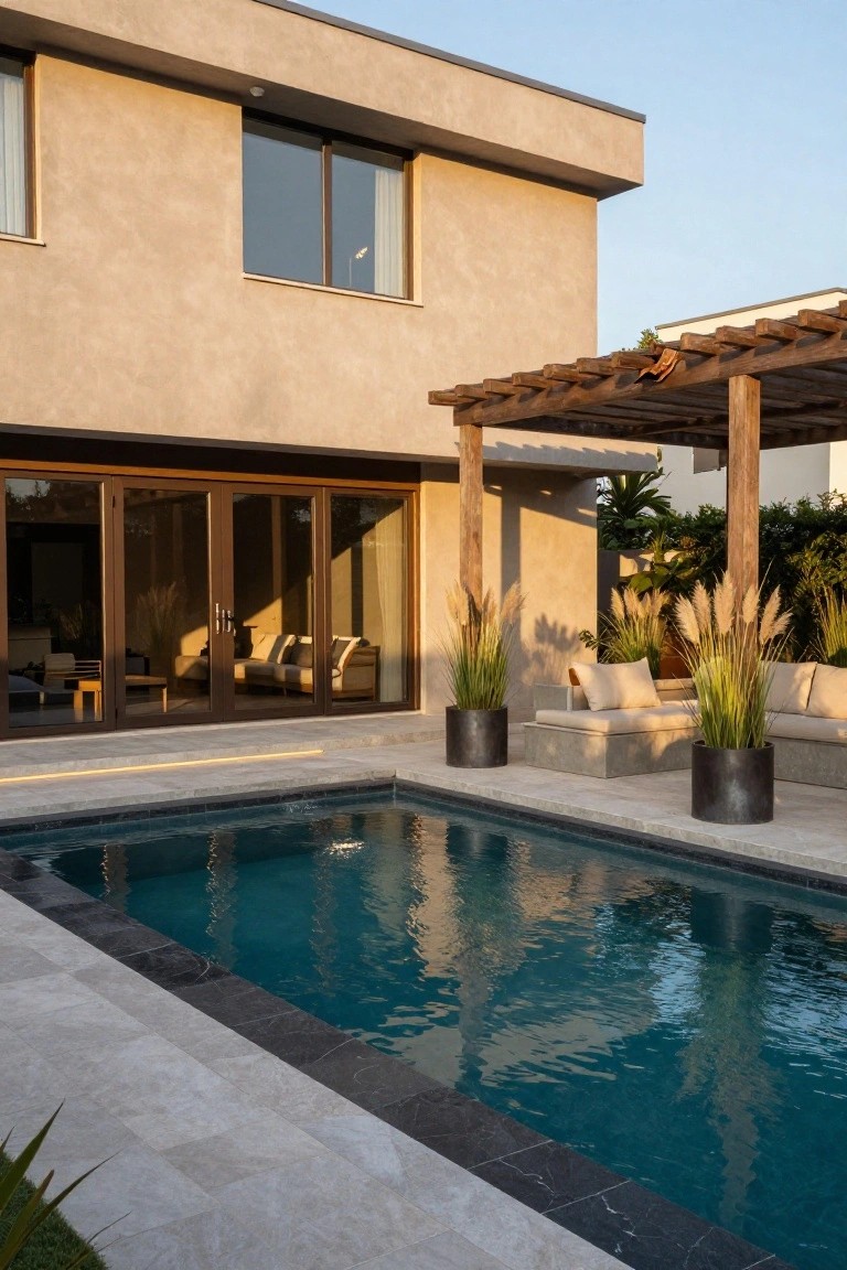 Beige stucco house with open brown folding doors to a patio under wooden pergola shading beige sofas flanked by tall pampas grass in black pots, next to a narrow rectangular pool with black edging on light stone decking.