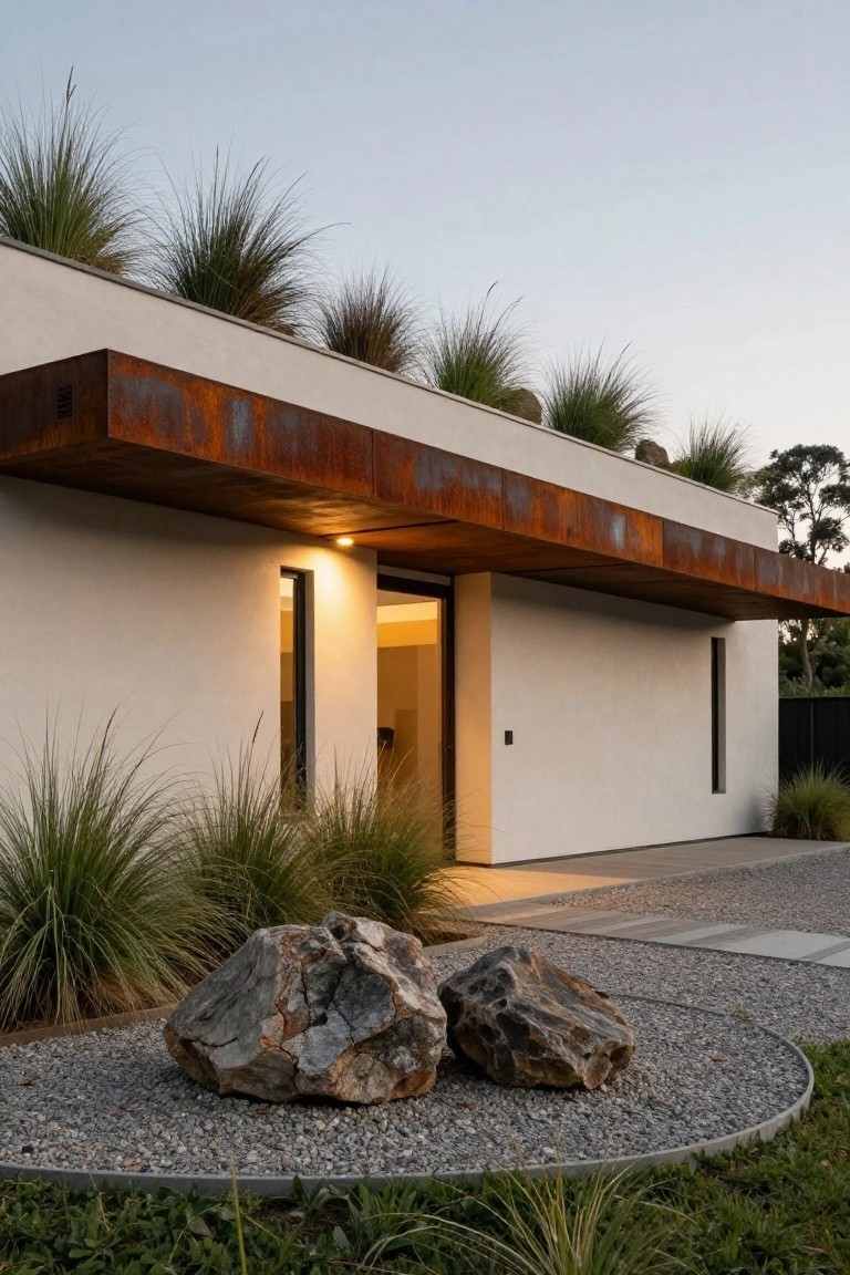 Side view of a modern single-story house with white stucco walls, a cantilevered rusted metal awning over a lit glass entry door, roof planted with grasses, and a gravel garden bed with large rocks and grasses nearby.
