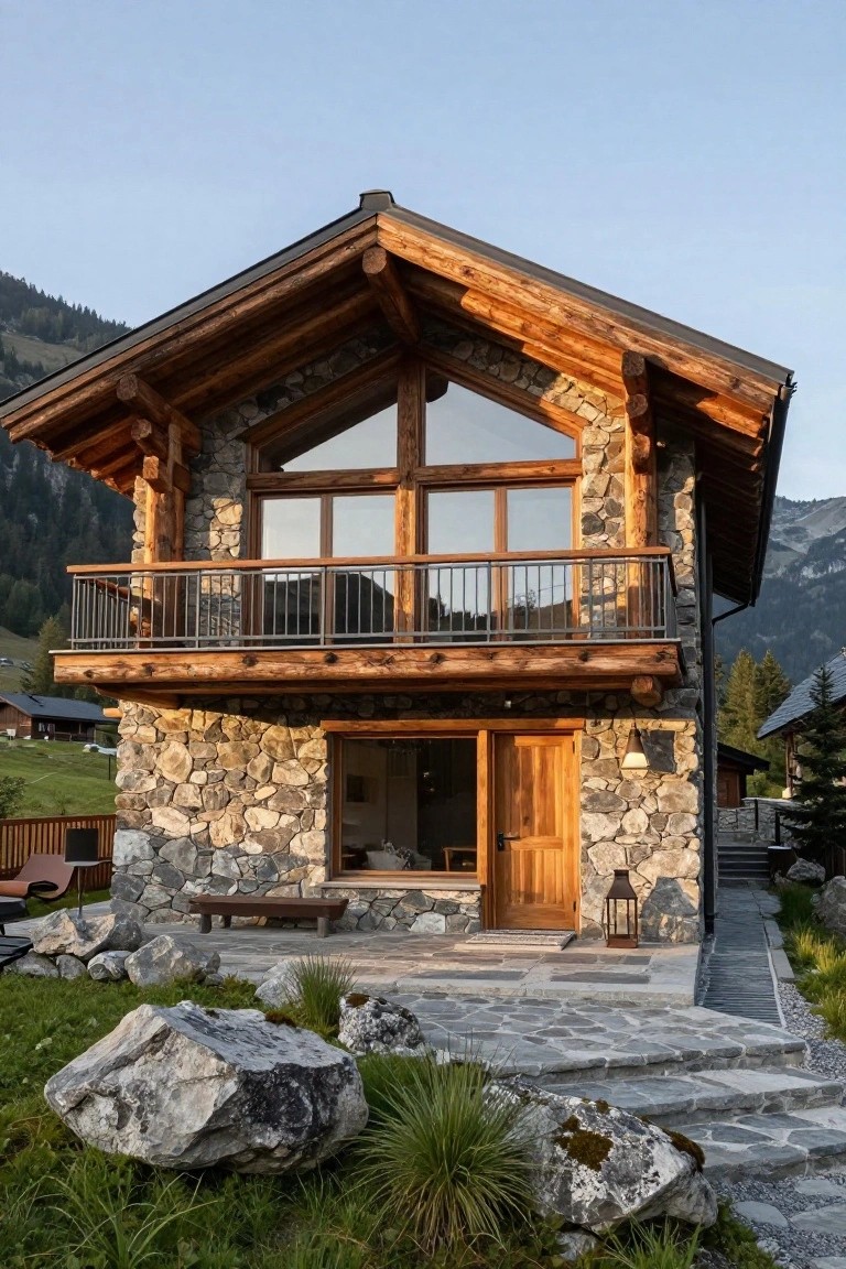Two-story chalet house with gray stone lower walls, dark wooden beams and roof, large triangular glass window, metal balcony railing, wooden entry door, stone path, and large boulders in green mountain landscape.
