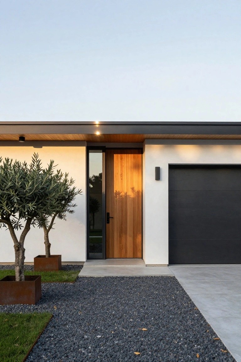 Modern house exterior with tall wooden entry door and narrow glass sidelight in white wall, black garage door, overhanging dark roof, potted olive trees, gravel pathway, grass edging, and concrete driveway.