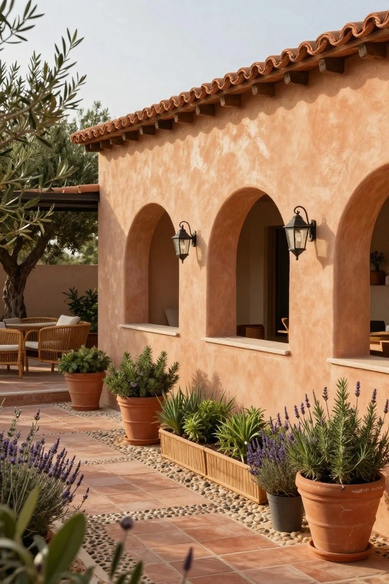 Pinkish stucco house exterior wall with three rounded arch openings, two flanked by black metal lantern sconces, terracotta tile roof above and terracotta paver path below lined with potted plants, lavender, and gravel strips.