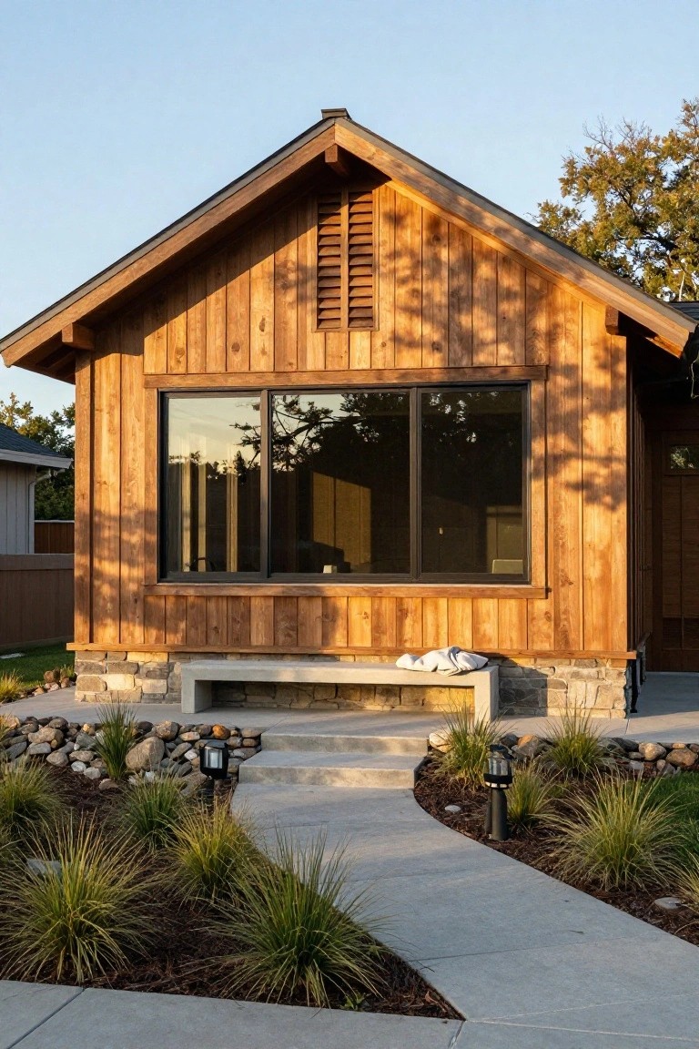 Compact gable-roofed house with vertical wood siding, large black-framed windows, concrete bench on stone base, curved concrete path, ornamental grasses, rocks, and path lights.