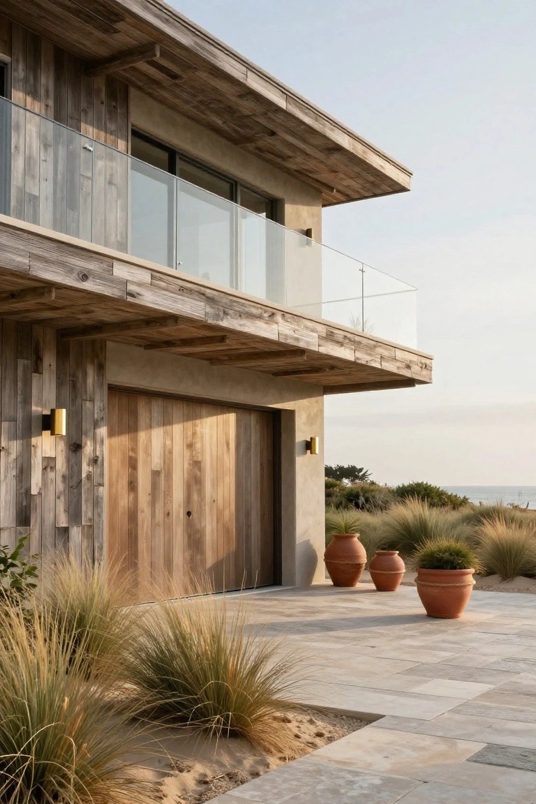 Side view of a two-story modern beach house with weathered vertical wood cladding, smooth stucco walls, wooden garage door, glass balcony railing, gold wall lights, terracotta pots, dune grasses, and ocean in the background.