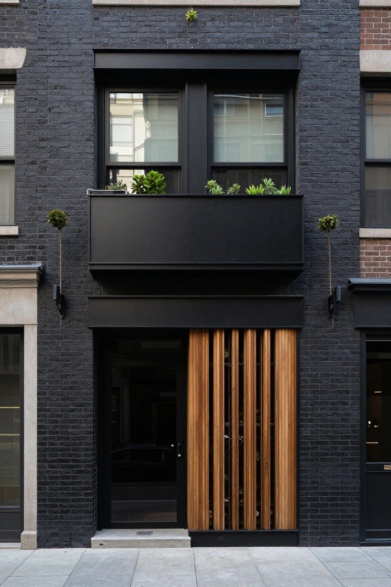 A narrow three-story black brick townhouse on a city street with a black metal balcony holding potted plants, vertical wooden slats framing the glass entry door, black window frames, and exterior light fixtures.