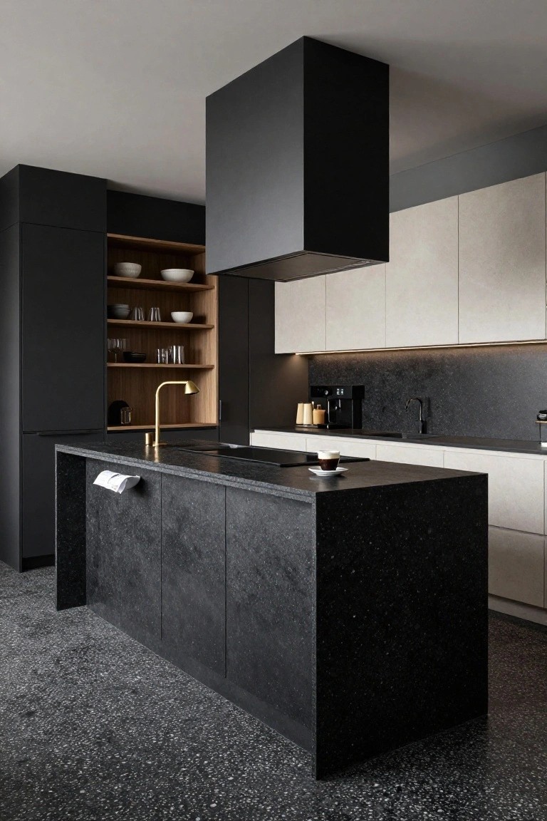 Modern kitchen with a large black speckled stone island, black lower cabinets and hood, light upper cabinets, gold faucet, coffee machine, and matching black stone floor.