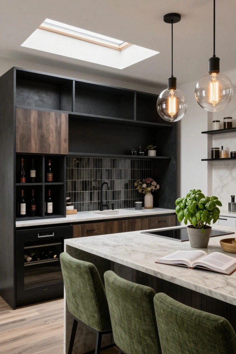 Modern kitchen interior with matte black cabinets featuring open wine racks and a built-in wine fridge, wood-paneled doors, gray subway tile backsplash, white marble island with green upholstered stools, and black pendant lights.
