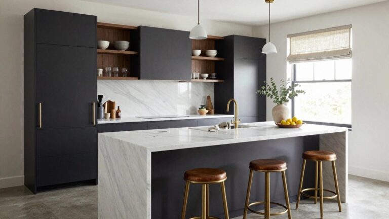 21 Modern Luxury Kitchen Ideas That Look Straight Out of a Designer Home Modern kitchen interior with dark grey cabinets, open wooden shelving holding ceramics and glassware, white marble waterfall island, gold faucet, brass bar stools, and eucalyptus in a terracotta vase.