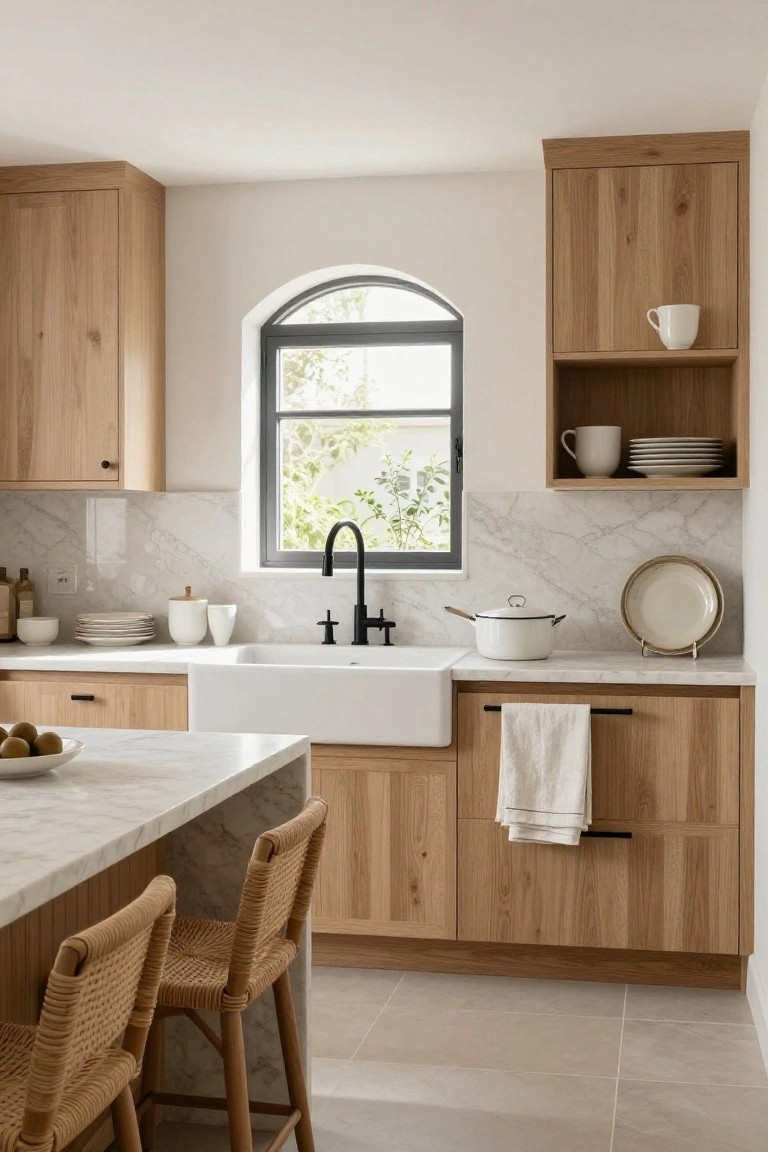 Modern kitchen featuring light oak cabinets, white marble island and backsplash, black faucet over white farmhouse sink, rattan bar stools, and arched window with greenery outside.