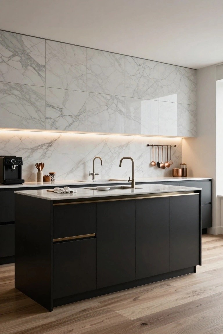 Modern kitchen interior with matte black lower cabinets and island, white marble countertops and veined backsplash, brass faucets and hardware, under-cabinet lighting, and oak flooring.