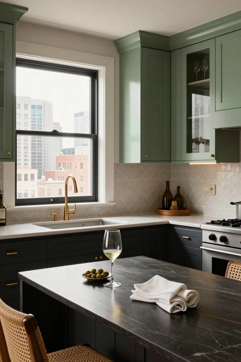 Kitchen interior with sage green upper cabinets, navy lower cabinets and island, white marble counters, gold faucet and hardware, herringbone tile backsplash, and large black-framed window showing city view.