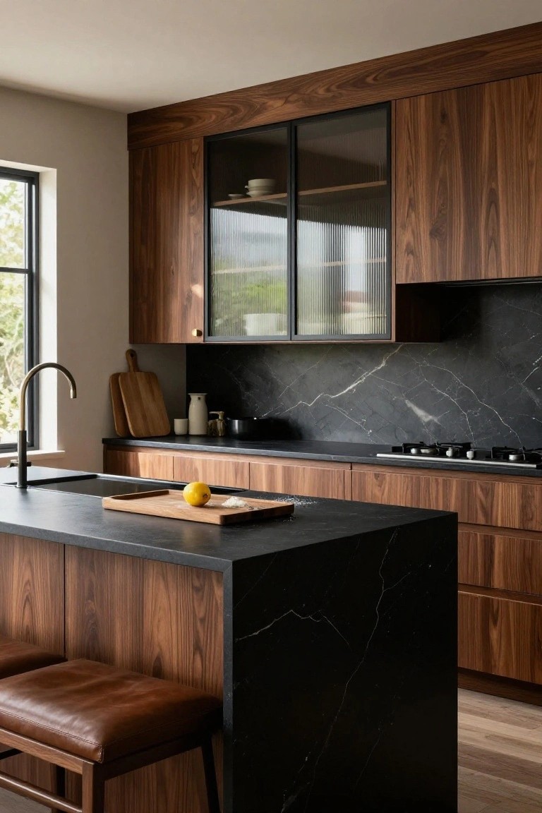 Modern kitchen interior with walnut wood cabinets, black marble countertops and island, glass-front upper cabinets, gas cooktop, and wooden stools at the island.