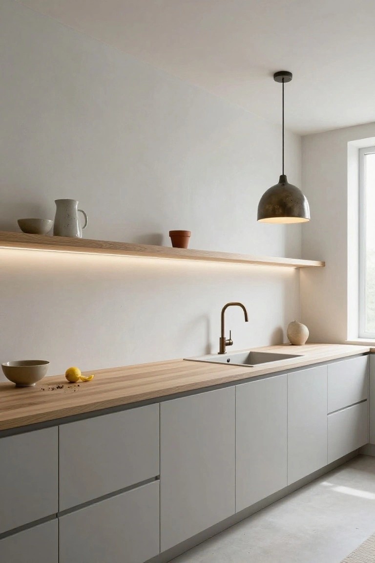 Modern kitchen with light oak butcher block countertop and floating oak shelf with LED underlighting, matte gray handleless cabinets, brass gooseneck faucet over undermount sink, and ceramic bowls, pitcher, and pot on the shelf.