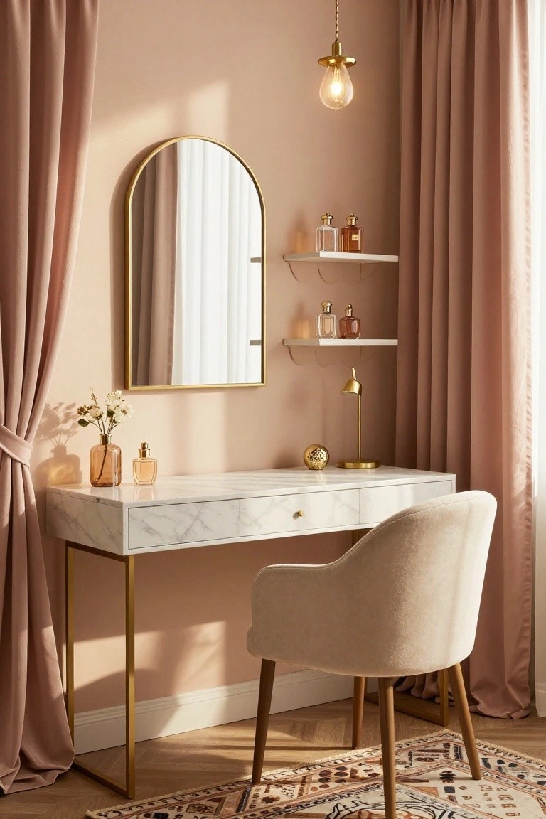 Blush pink room corner with white marble vanity desk on gold legs, gold arched mirror on wall, white shelves holding perfume bottles, cream upholstered chair, gold desk lamp, and vase of flowers.
