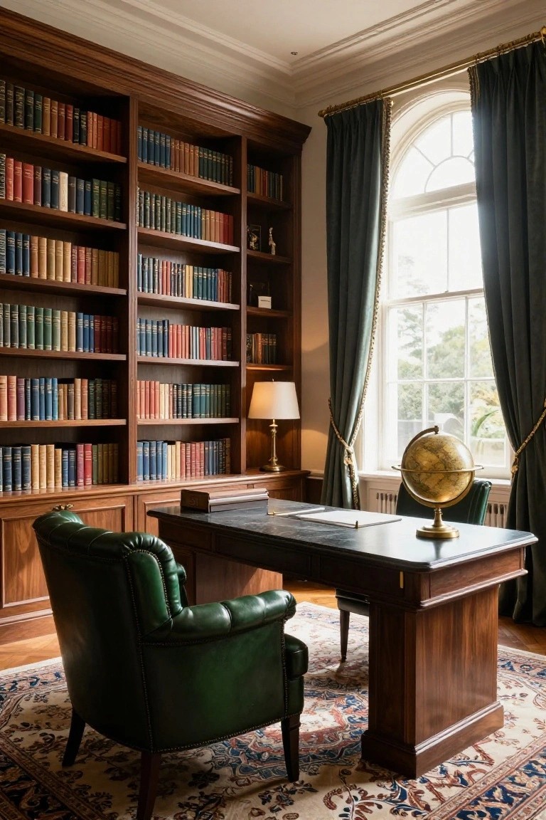 Traditional home office interior with extensive wooden bookshelves filled with multicolored books, green leather desk chair, wooden desk, brass globe, table lamp, and arched window draped in green velvet curtains.
