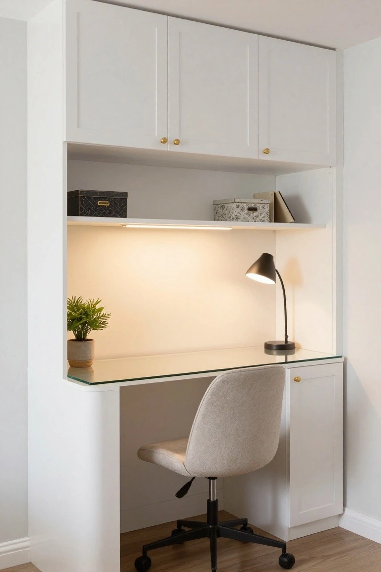 White built-in cabinetry with upper doors and open shelves forms a corner desk unit featuring a glass-top desk, cream upholstered swivel chair, black desk lamp, potted plant, and storage boxes on shelves above a wood floor.