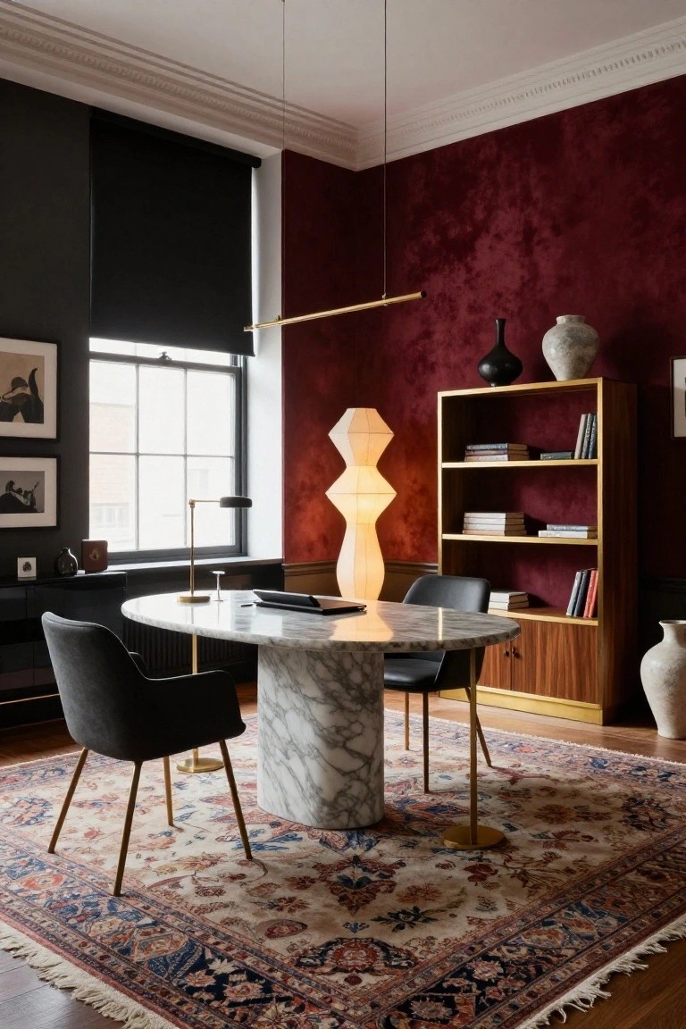 A modern home office with deep burgundy textured walls, an oval white marble desk on gold legs, two black leather armchairs, wooden bookshelves, a paper lantern lamp, and various vases and art.