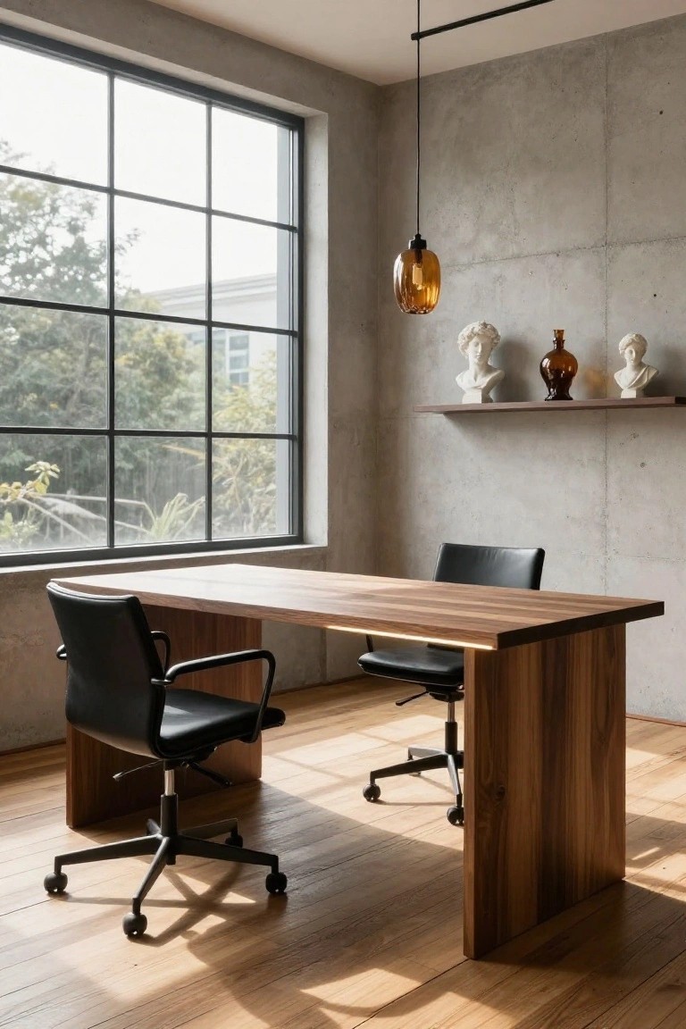 Modern office interior with exposed gray concrete walls, large wooden desk with integrated edge lighting, two black leather swivel chairs, large black-framed windows overlooking trees, amber pendant light, and white bust sculptures on a floating shelf.