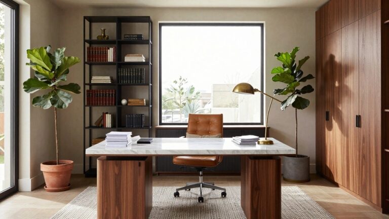 Modern home office interior with large white marble-topped desk on curved wood pedestals, tan leather swivel chair, black metal bookshelves filled with books and objects, wood-paneled cabinets, potted fiddle leaf fig plant, and large window.