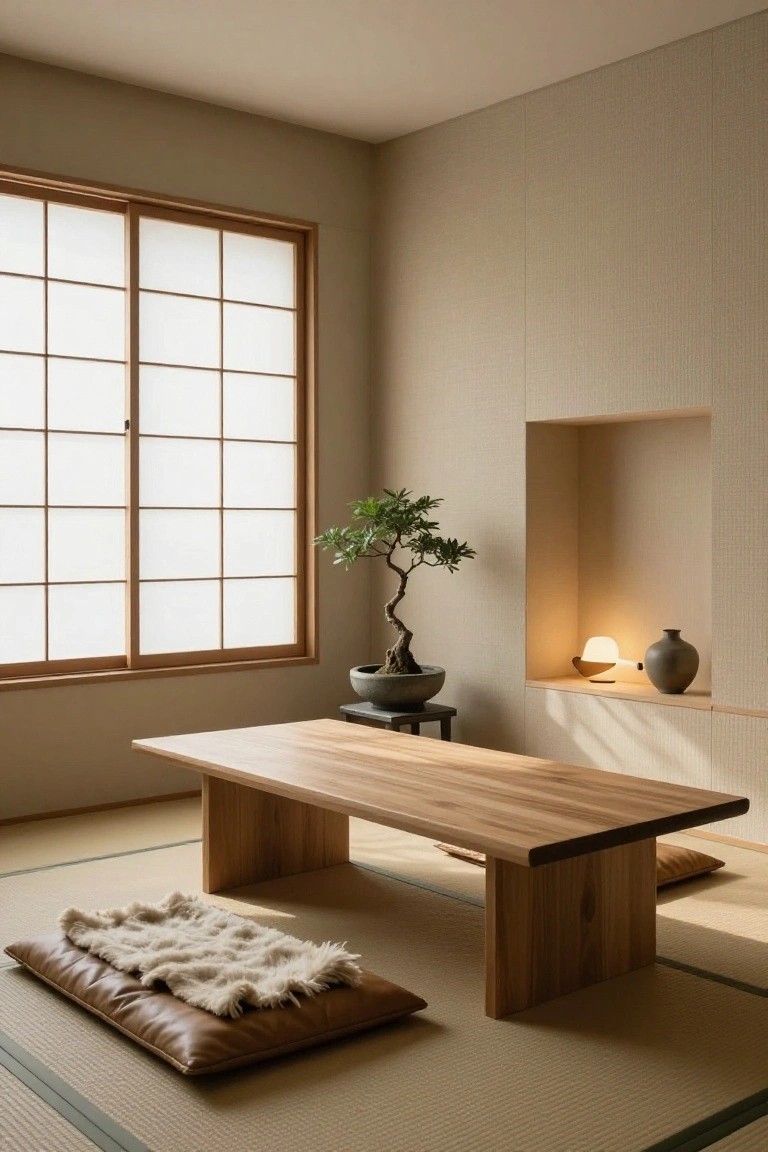 Minimalist Japanese-style interior room with shoji screen windows, neutral beige walls, recessed niche holding bonsai tree lamp and vase, low rectangular wooden table on tatami mats with leather cushions and sheepskin rug.