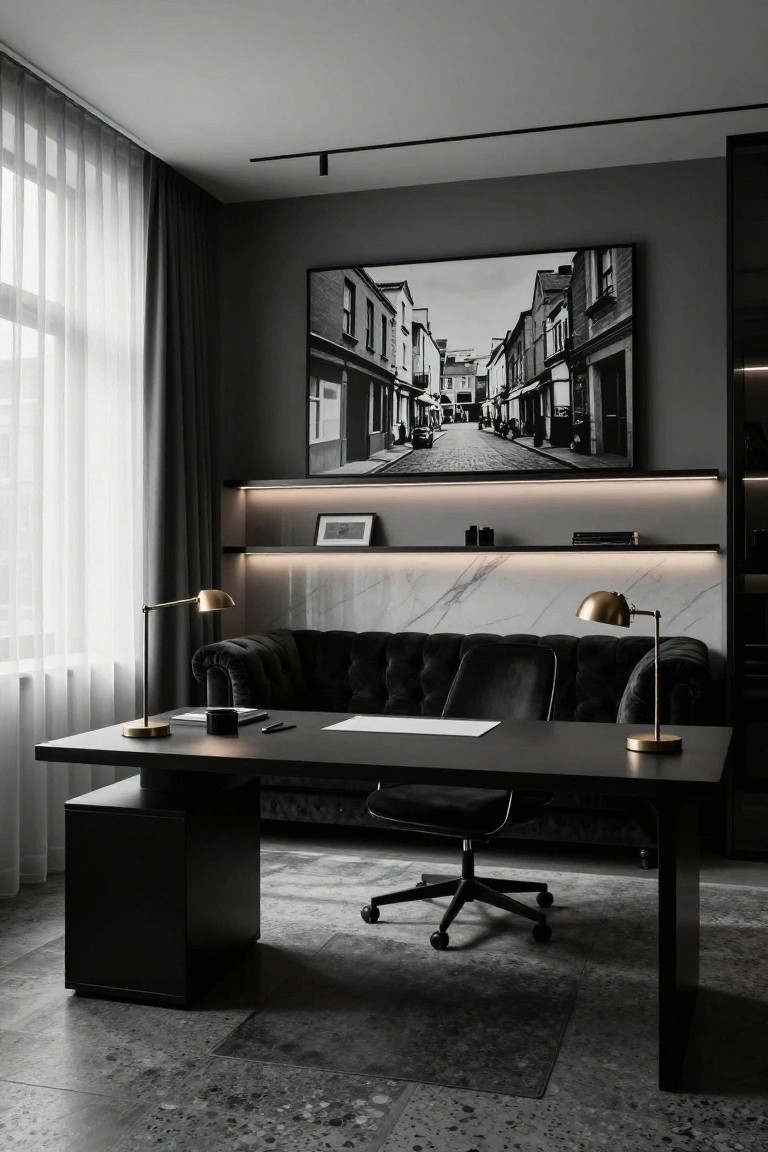 Modern home office interior featuring a black desk with gold lamps, black tufted velvet sofa, white marble wall panel, built-in shelves with lighting, and a large black-framed street photograph on a dark gray wall with terrazzo floor.