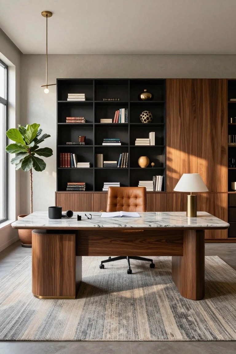 Modern home office interior with large white marble-topped desk on curved wood pedestals, tan leather swivel chair, black metal bookshelves filled with books and objects, wood-paneled cabinets, potted fiddle leaf fig plant, and large window.