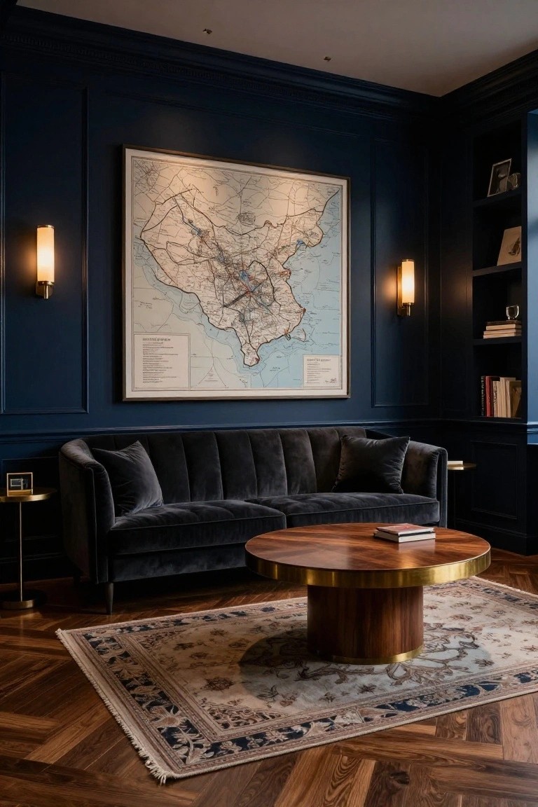 Home office interior with deep navy blue paneled walls, large framed antique-style map artwork, tufted dark gray velvet sofa, round brass-edged wooden coffee table, bookshelves, wall sconces, and herringbone wood flooring under a patterned rug.