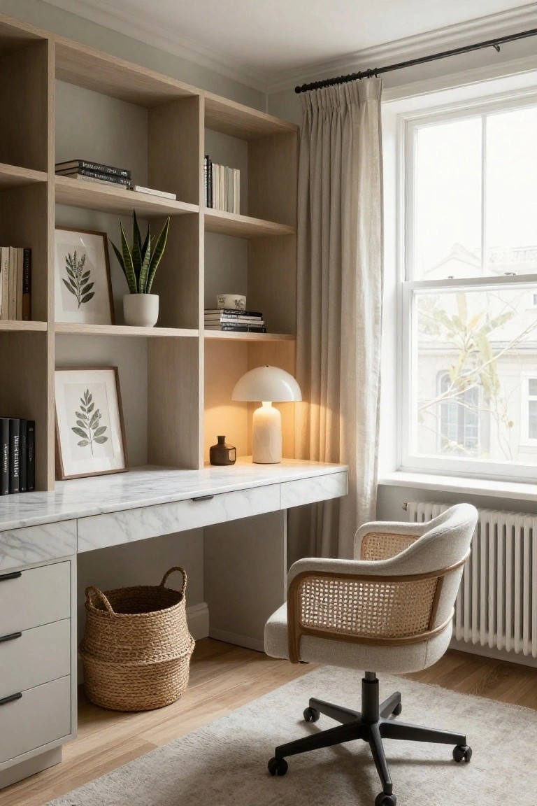 Light oak built-in shelving surrounding a white marble desk in a home office, with books, potted plants, framed art, a rattan chair, beige curtains on a window, and hardwood floors.