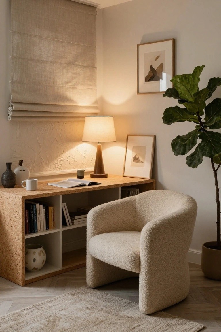 A modern home office with a cork desk and open shelving holding books and ceramics, a large rounded plush cream armchair, a fiddle leaf fig plant in a pot, table lamp, abstract artwork, and beige walls with blinds.