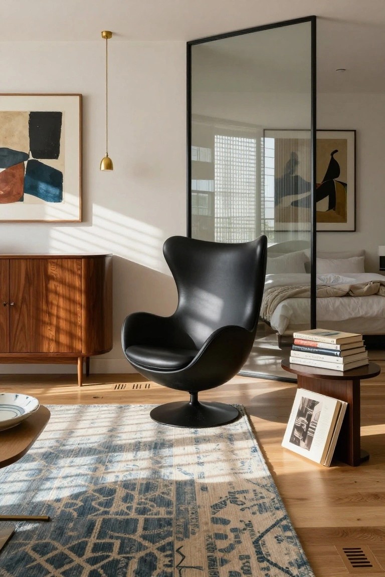 Black Egg chair beside a walnut credenza and side table with books in a sunlit room with white walls, abstract artwork, gold pendant light, blue-gray rug, and glass partition to a bedroom.