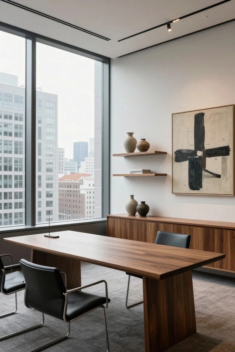 Modern office with large rectangular walnut desk, two black leather chairs on metal frames, walnut credenza with doors, floating oak shelves holding ceramic vases and books, large abstract black and white painting on wall, and floor-to-ceiling windows showing city skyline.
