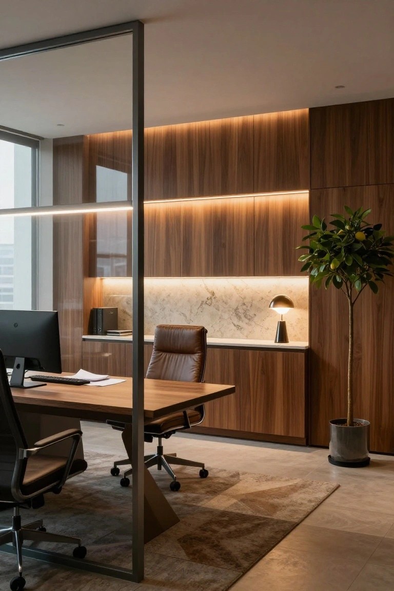 Modern office with floor-to-ceiling walnut wood paneling and cabinetry, integrated LED lighting strips, marble countertop shelf, wooden desk with leather chairs, potted tree, glass partition, and large windows.