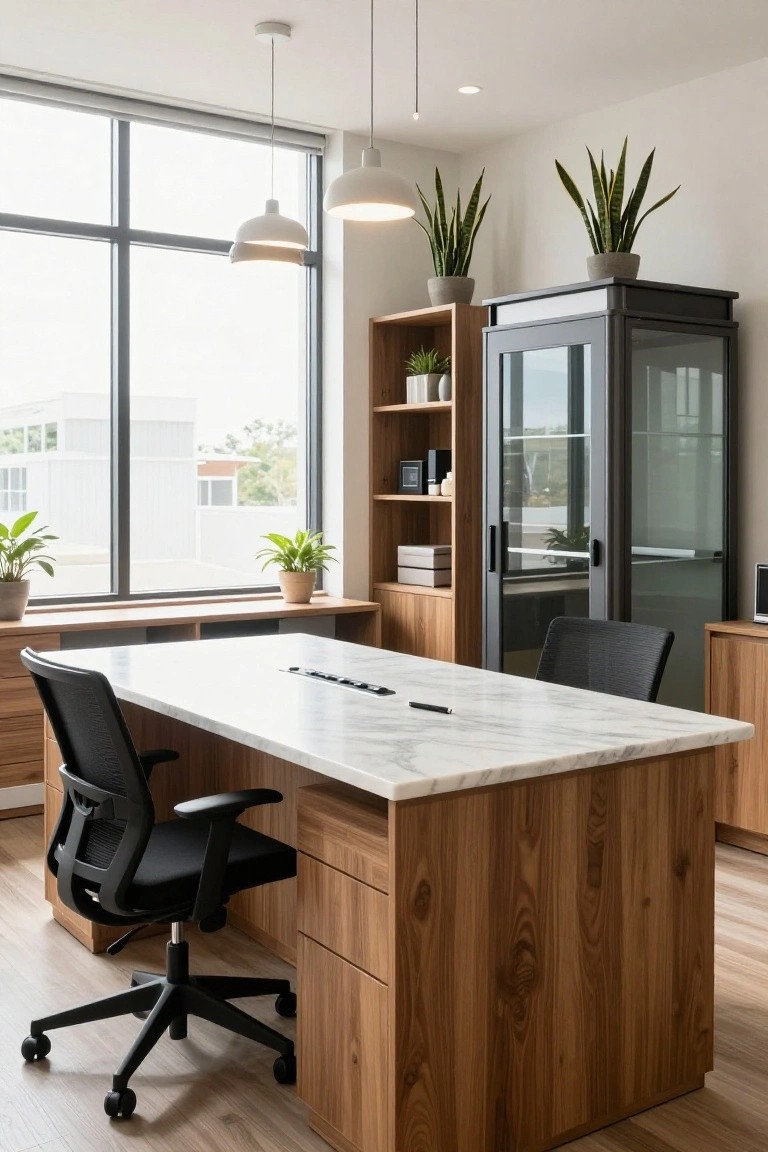 Modern office interior with a central wooden desk featuring a white marble top, black mesh chairs on either side, wooden cabinets and shelving, potted plants, and large windows with views of buildings outside.