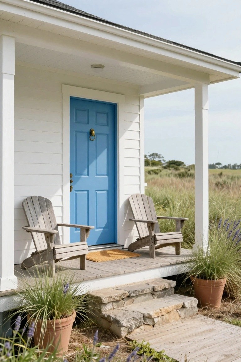 White clapboard house exterior with turquoise blue front door, brass knocker, two Adirondack chairs on wooden porch, potted grasses and lavender plants, stone steps to boardwalk path amid dune grasses.
