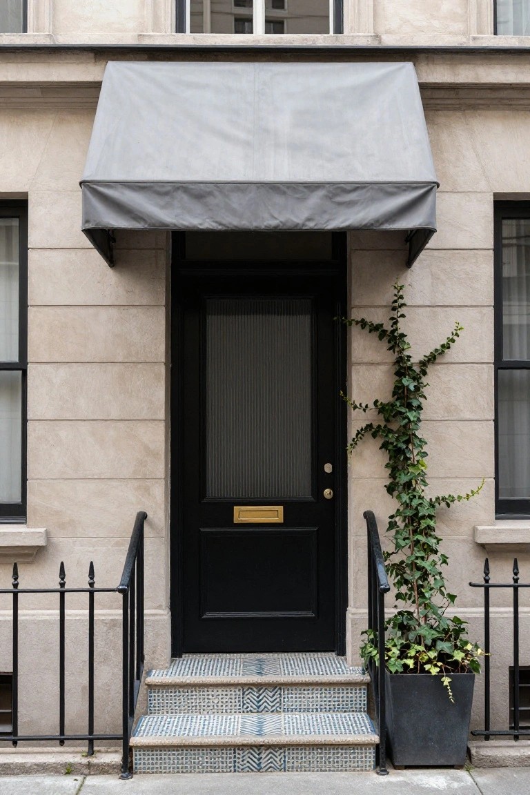 Beige stone townhouse facade featuring a black front door with glass panel, brass letterbox and knocker, gray awning above, ivy climber on wall, potted ivy plant, black metal railing, and patterned stone steps leading to the entrance.