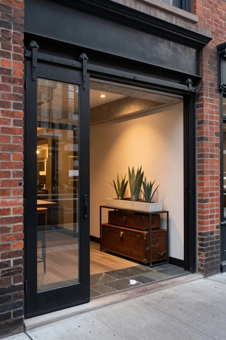 Open black metal-framed sliding glass doors on a red brick building exterior, revealing interior entry area with potted agave plants on a white planter atop a vintage wooden trunk on metal stand, slate threshold, and light wood flooring.
