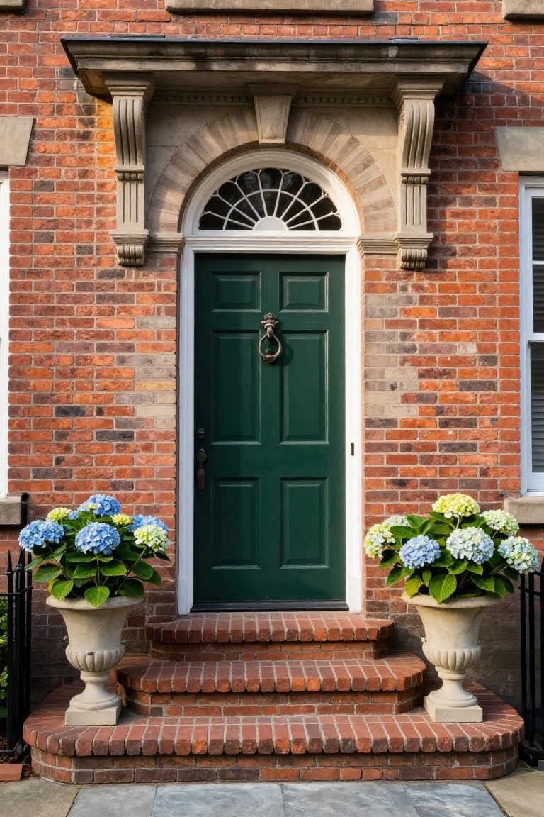 Green door with white trim flanked by blue hydrangeas in stone urns.