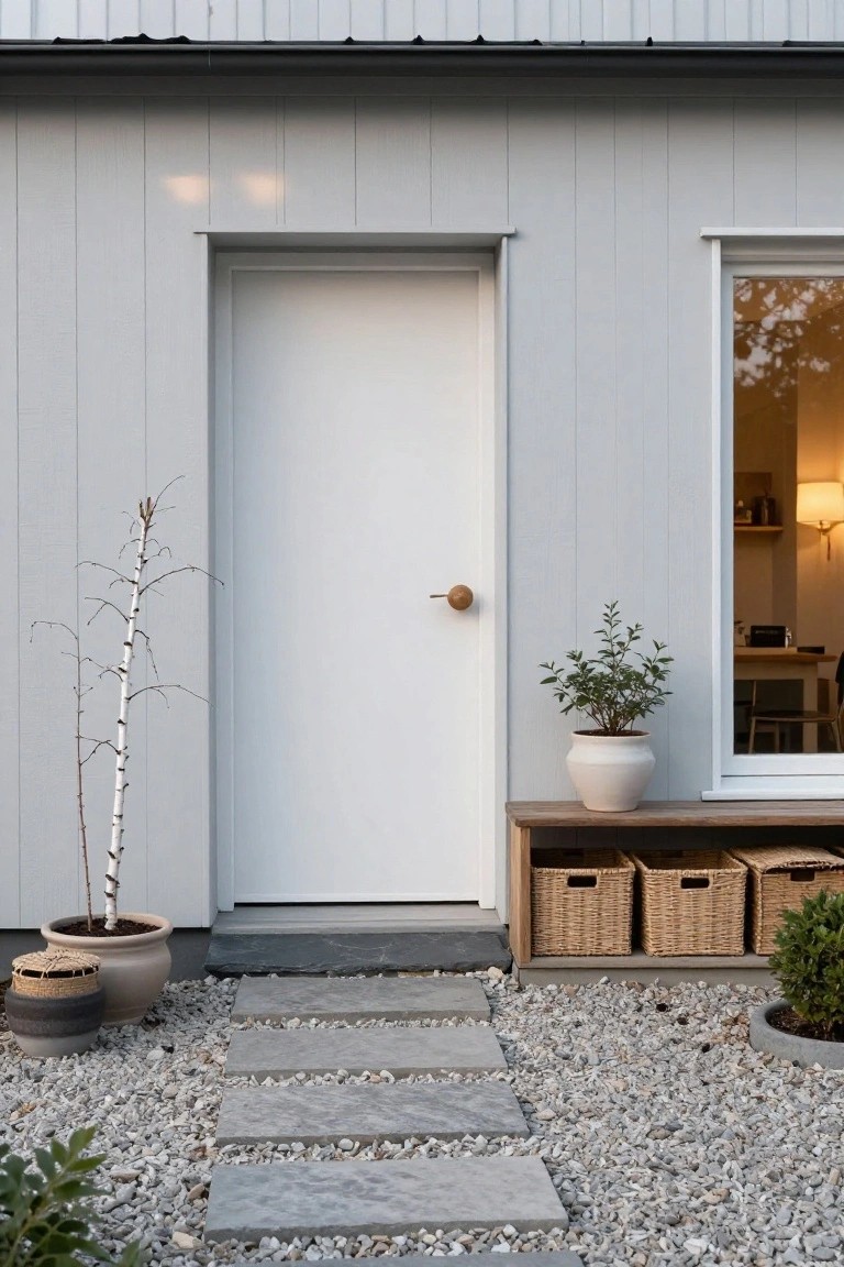Light gray vertical siding on a modern house entrance with a white door, wooden knob, adjacent wooden bench holding three woven baskets, potted plants, stone steps, and gravel ground cover.